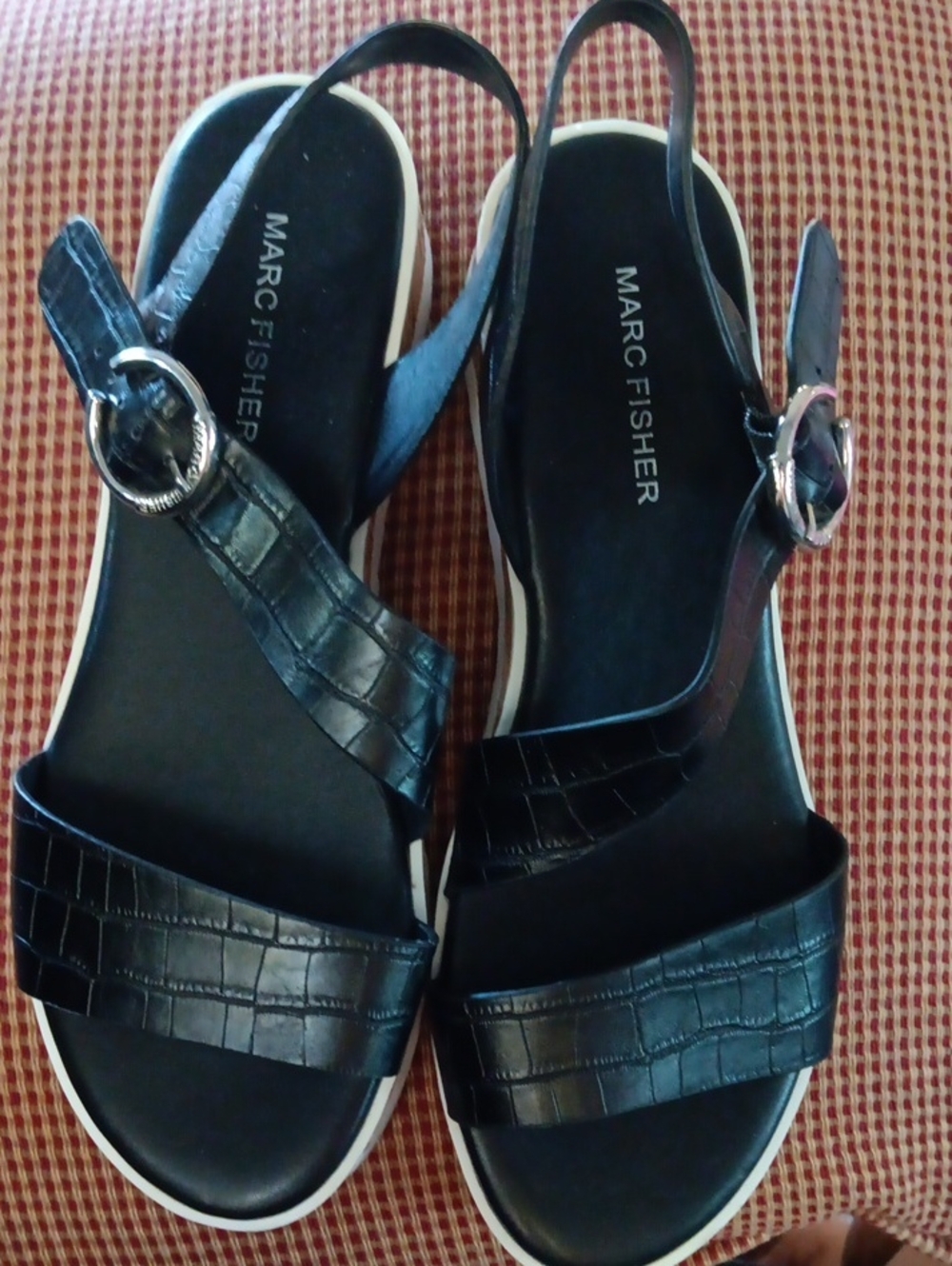 Marc Fisher Black Croc-Embossed Slingback Sandals with Silver Buckles
